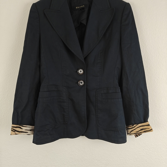 Escada Blazer Women's 36 Small Cotton Stretch Animal Print Cuffs 2 Button Jacket - Picture 3 of 15